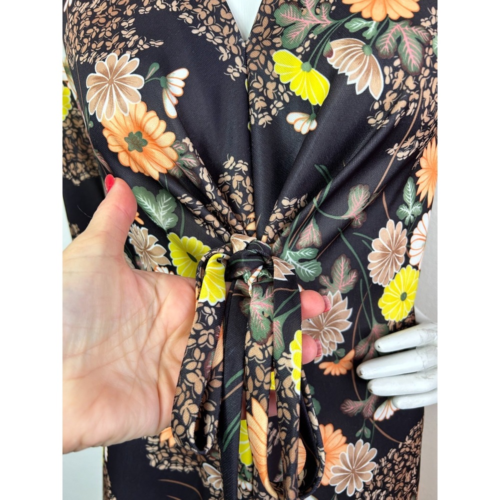 70s Floral Maxi Dress Size 8-10 M-L Brown V-Neck Twist Front Long Sleeve EUC - Picture 5 of 12